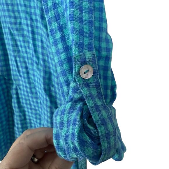 Multiples Blue Plaid Embroidered Tunic Mixed Fabric Top Boho Peasant Blouse OX - Picture 5 of 9